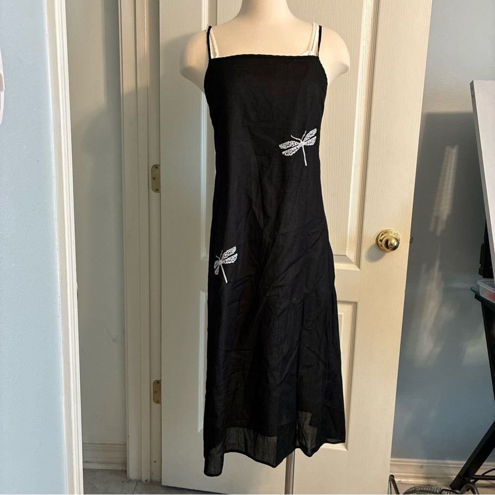 Vanessa Bruno Paris Summer 2p Dress Set White Cottn Slip Black Sheer Apron 36 XS